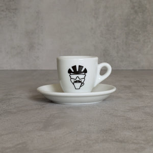Espresso-Tasse mit Mr Coffeerider-Print: Radfahrer-Kopf mit Helm und Schnauzbart