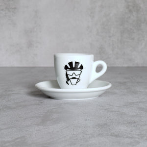 Espresso-Tasse mit Ms Coffeerider-Print: Radfahrerin-Kopf mit Helm und Zopf